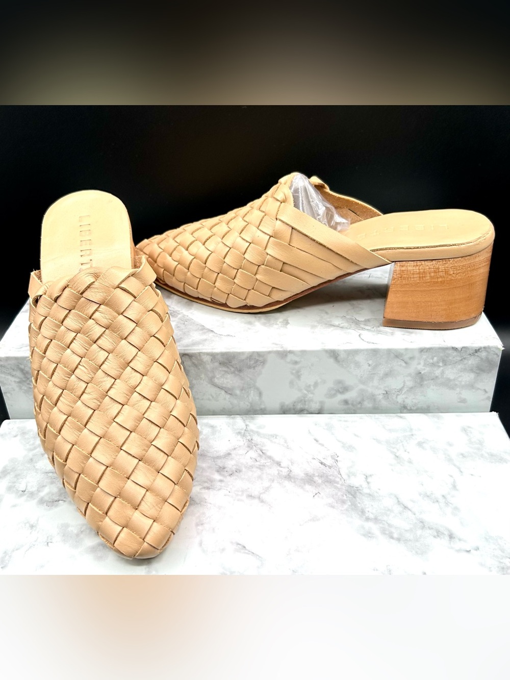 Liberte’ Leather Bondi Woven Mules- Cream. Size 8